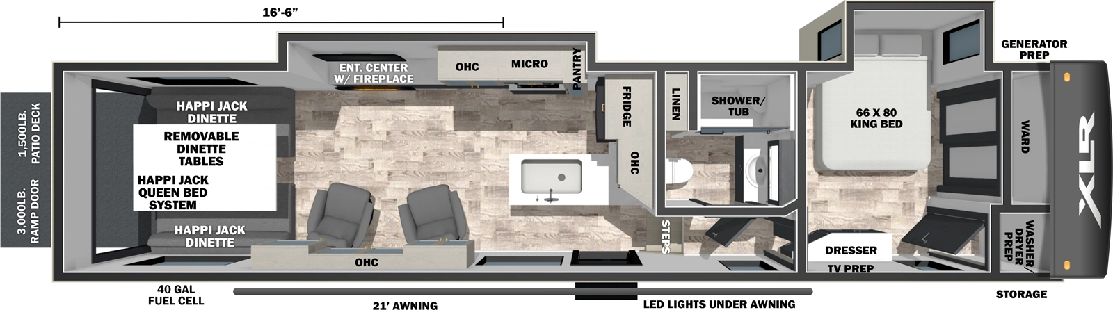 The XLR Nitro 32W17 floorplan is a toy hauler that has one entry and two slide outs. Exterior features include: fiberglass exterior and 20' awning. Interiors features include: front bedroom.